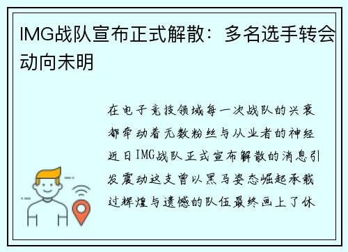 IMG战队宣布正式解散：多名选手转会动向未明